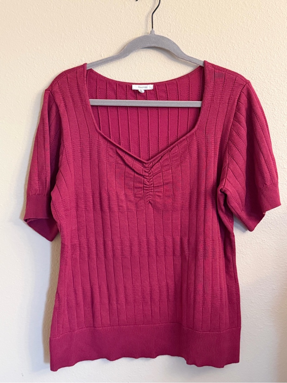Maurices Raspberry Ribbed V-Neck Short Sleeve Top with Ruched Detail